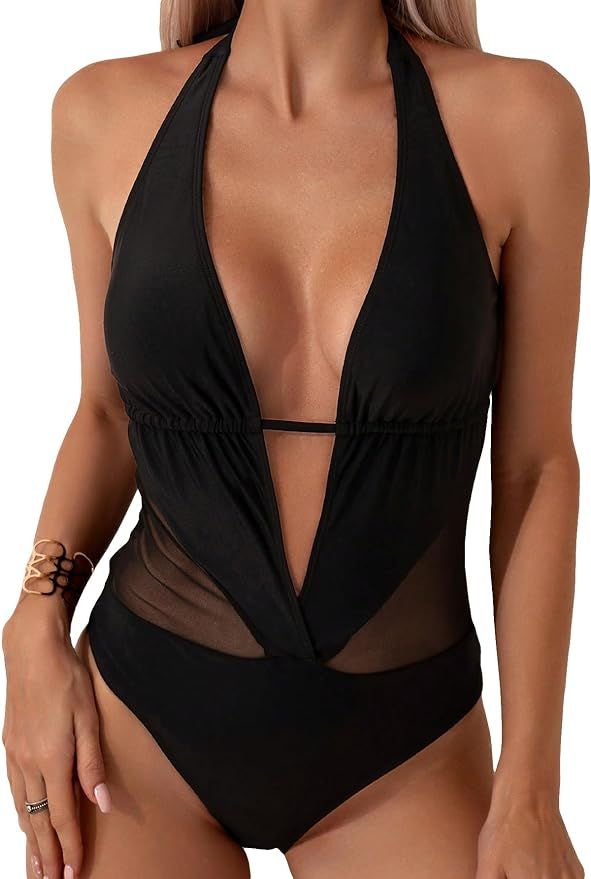 MakeMeChic Women's Sheer Mesh One Piece Swimsuit Cutout V Neck Halter Monokini Bathing Suit | Amazon (US)