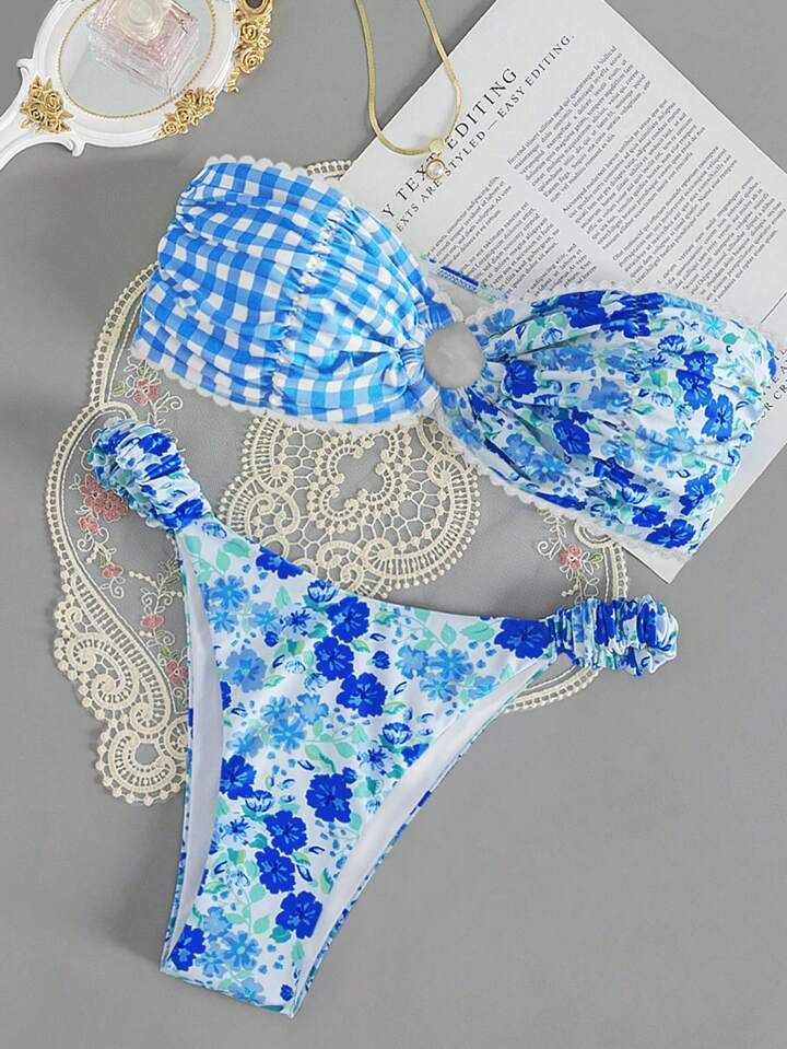 SHEIN Swim Randomly Printed Bandeau Cutout Bikini Two-Piece Set, Summer Beach | SHEIN