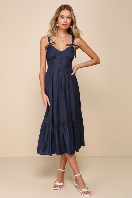 Endearing Beauty Navy Blue Tie-Strap Tiered Midi Dress | Lulus