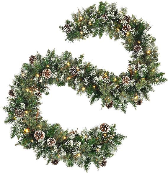OasisCraft 9 FT Prelit Christmas Garland with Pine Cones, Artificial Snowy Pine Garland for Chris... | Amazon (US)