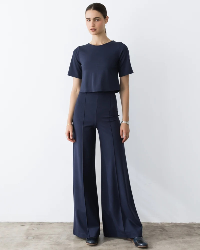 Navy Ponte Knit Long Wide Leg Pant | Ripley Rader