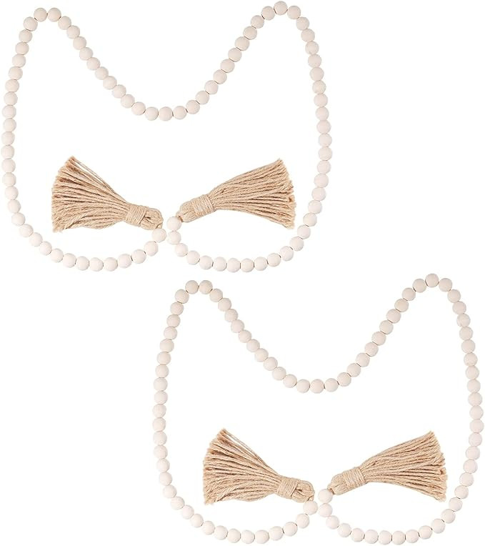 Pegason Farmhouse Beads Wood Bead Garland Rustic Home Boho Wall Decor 2 Pcs Tassel Garland White ... | Amazon (US)