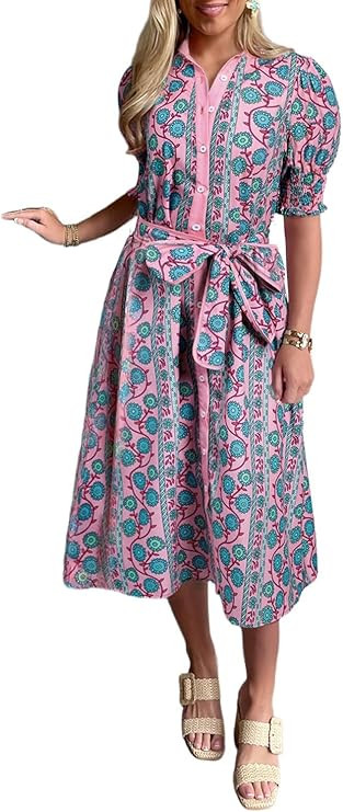 Melliflo Womens Boho Floral Polo Dresses Short Puff Sleeve Button Front Tie Waist Flowy Holiday M... | Amazon (US)