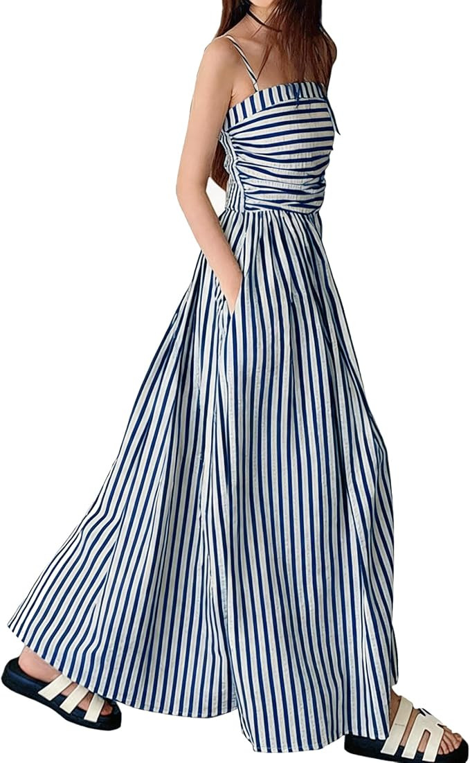 Women's Striped Maxi Dress Spaghetti Strap Back Smocked Flowy Swing Beach Sundress | Amazon (US)