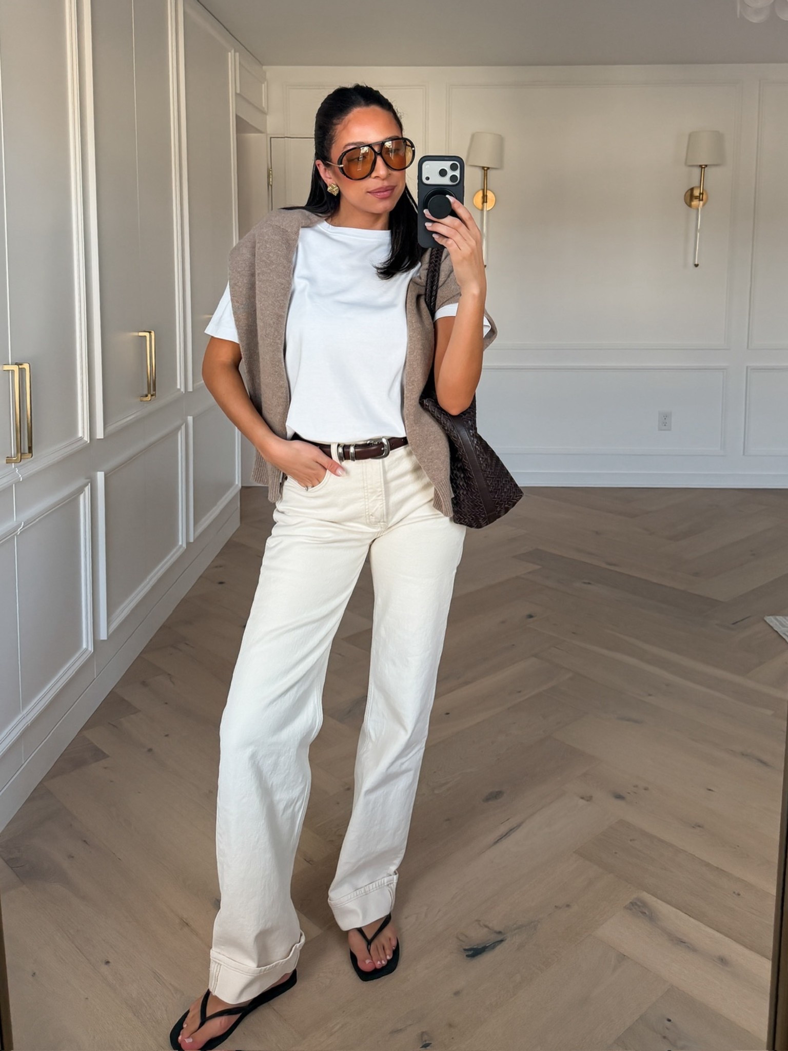 Spring outfit!! Extra 20% OFF orders $125+ with code AF20!! Wearing a 28 long jeans (ecru cuffed), Medium sweater (nomad taupe), S t-shirt, small belt, shoes fit tts

spring outfit idea, spring transition outfit, casual chic outfit, white jeans, cream jeans, postpartum outfit 

#LTKSeasonal #LTKmomlife #LTKSaleAlert
