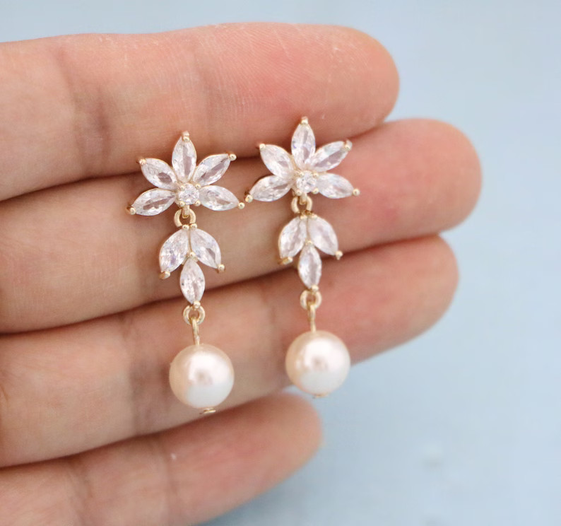 Cubic Zirconia Bridal Earrings Gold Pearl drop Wedding earrings Mother of the Bride Gift Earring ... | Etsy (US)