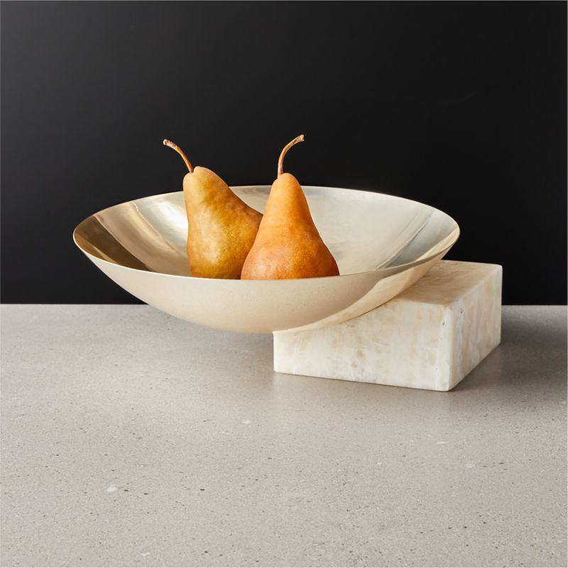 Akri Champagne Gold Stainless Steel and Cream Onyx Low Serving Bowl + Reviews | CB2 | CB2