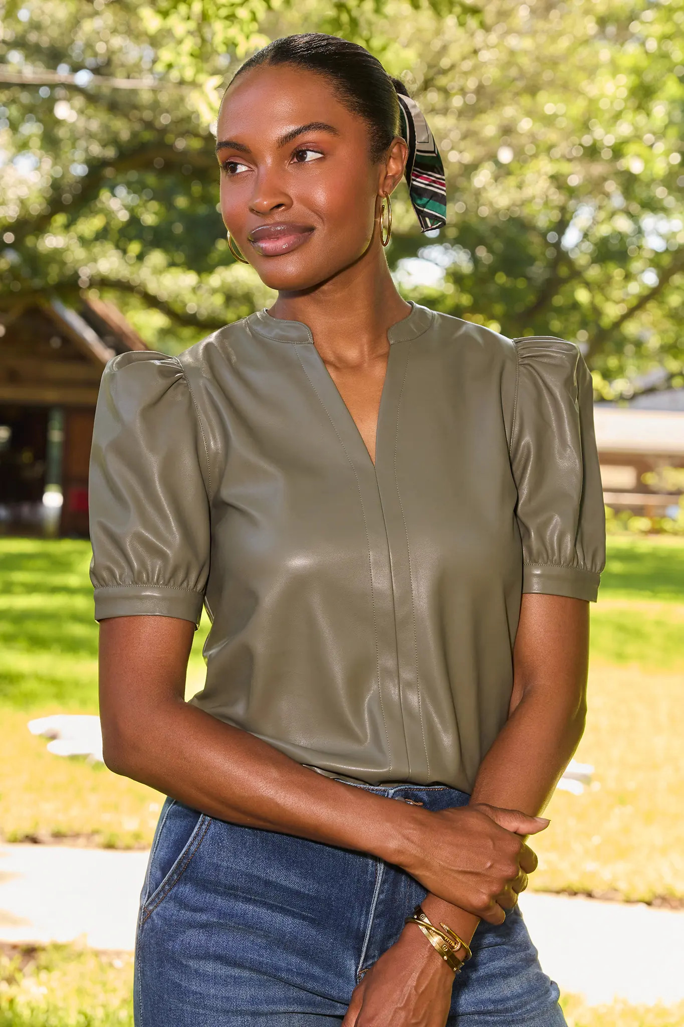 Ariana Olive Split Neck Top | Avara