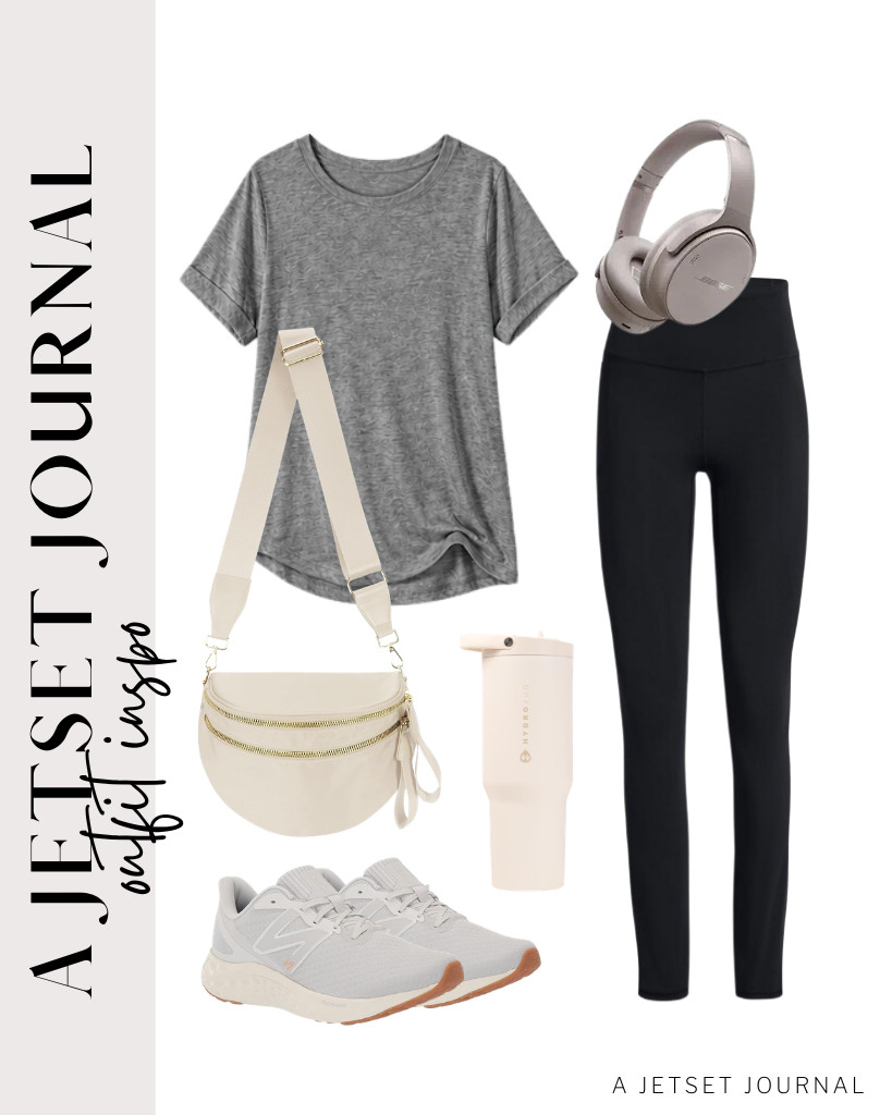 This rosemia crewneck T-shirt and high-waisted leggings are our next outfit combination. A Pure Colour bum bag and New Balance running shoes go well with this fit. You can add these Bose QuietComfort Headphones to complete the look.

#LTKSeasonal #LTKSaleAlert #LTKTravel
 

 