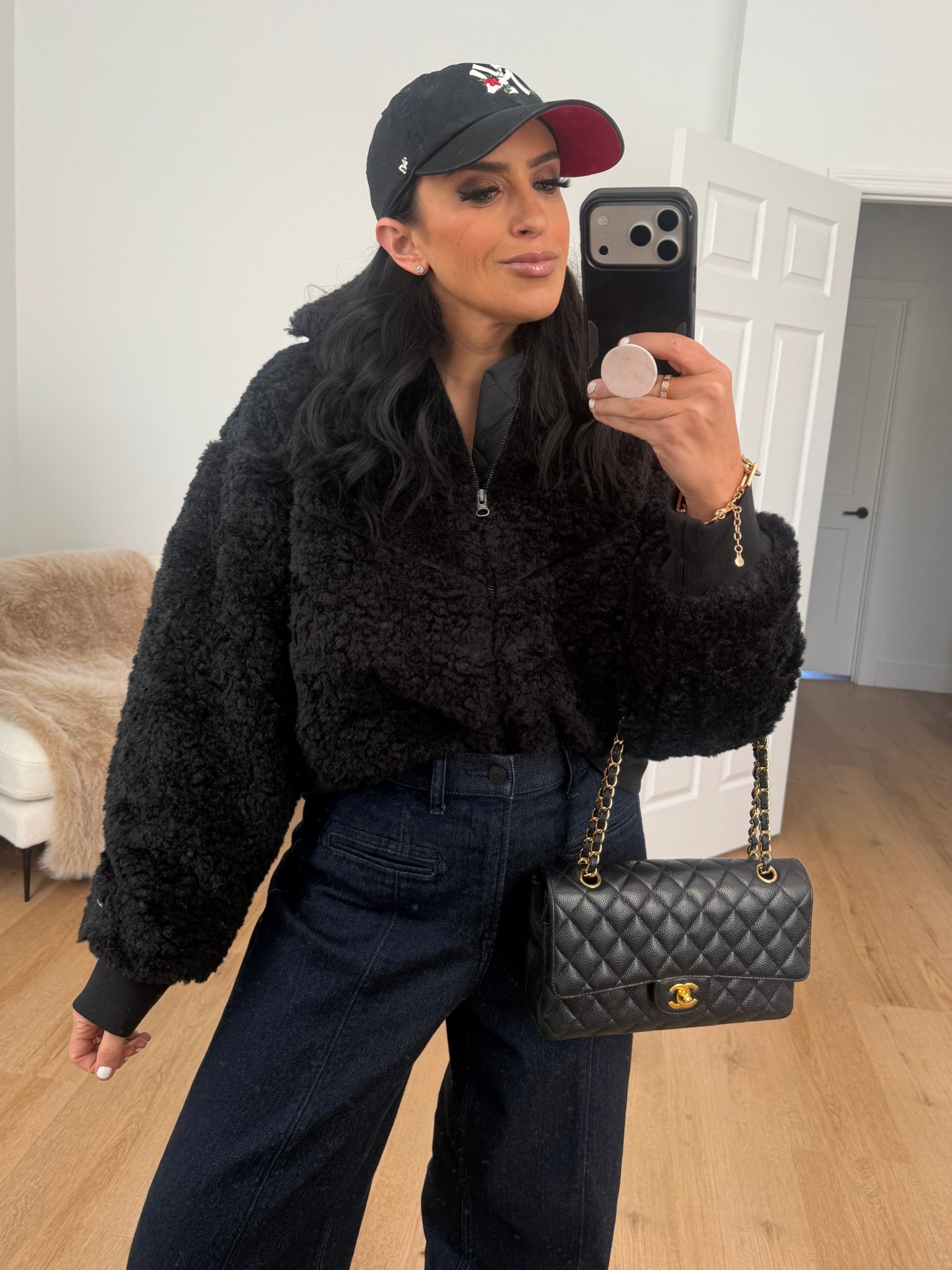 SPANXshape™ Authentic 360 Wide Leg Trouser Jeans wearing size medium. Sportswear Essential Fur Bomber Jacket wearing size medium. 