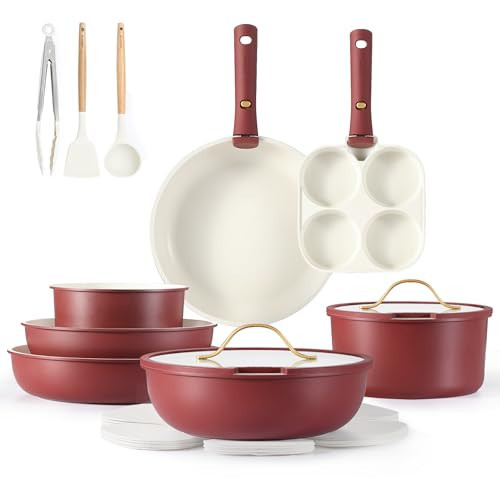 CAROTE 19pcs Pots and Pans Set, Nonstick Cookware Set Detachable Handle, Induction Kitchen Cookware Sets Non Stick with Removable Handle, RV Cookware Set, Gold and Red | Amazon (US)