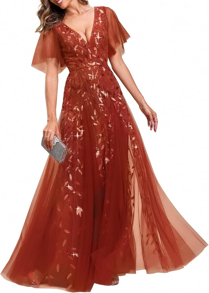 Ever-Pretty Women's Sequin Sparkly V-Neck Short Sleeve A-Line Floor Length Formal Evening Dress | Amazon (US)