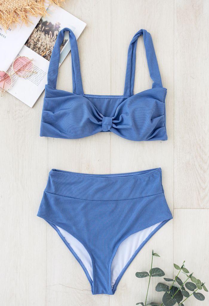 Twisted Knot Front Ribbed Bikini Set in Blue | Chicwish