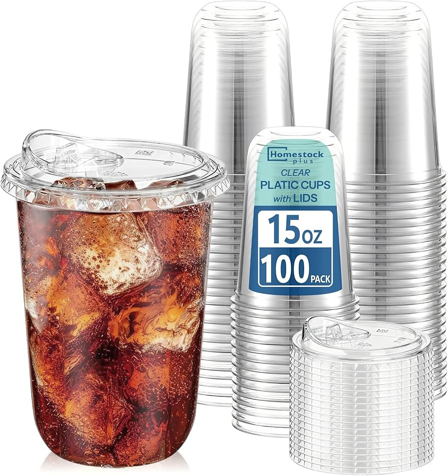Homestockplus 15 oz Clear Plastic Cups with Lids (100 Pack) - Strawless Sip Lids, Leak-Proof & BP... | Amazon (US)