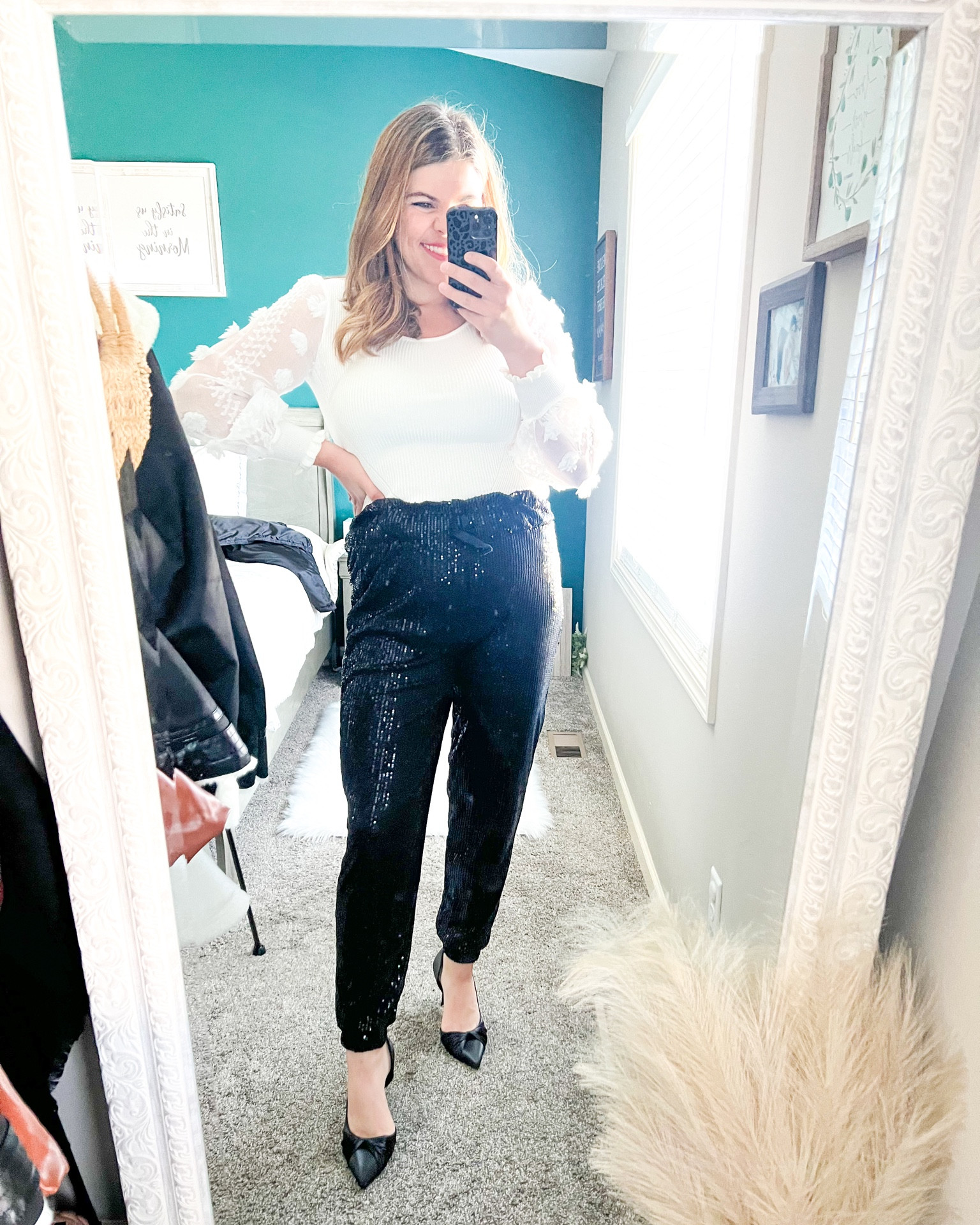 Holiday outfit, sequin pants from amazon size large, holiday outfit shirt from Walmart large, heels amazon tts 

#LTKHoliday #LTKSeasonal #LTKcurves