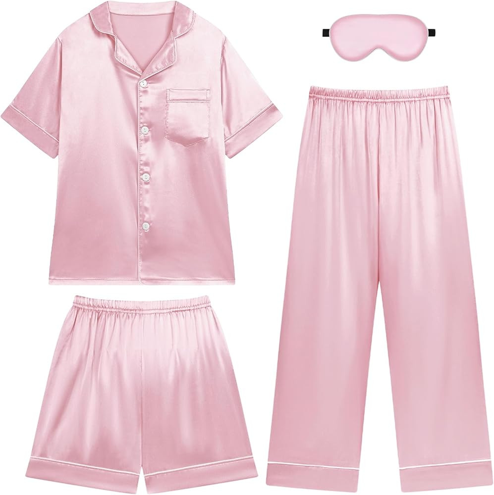 Weixinbuy Girls Pajama Set Silk Satin Pajamas for Kids Girls Boys Button Down Pjs Set Casual Slee... | Amazon (US)