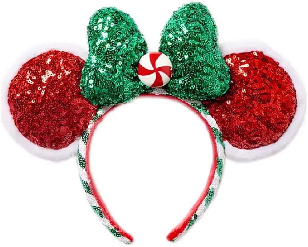 Disney Parks Christmas Holiday Red and Green Sequined Minnie Mouse Ears with Peppermint Bow Toppe... | Amazon (US)