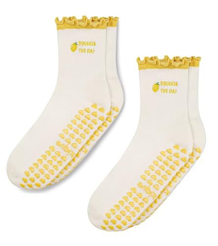 Awakique Pilates Socks with Grips for Women, Cute Grip Socks for Yoga, Barre, Reformer& Home workouts, Great Gift Idea (2 Pairs Lemon) | Amazon (US)