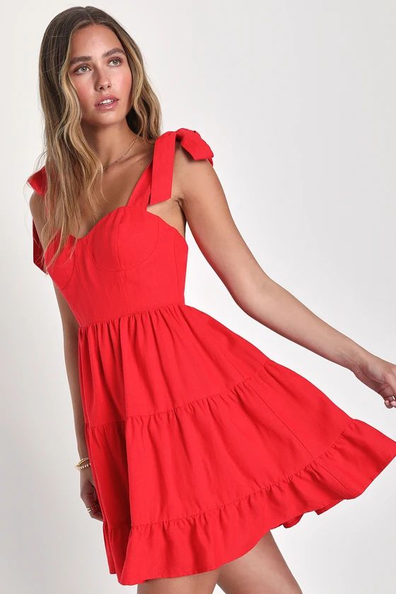 Tier-ly Delightful Red Tie-Strap Tiered Bustier Mini Dress | Lulus
