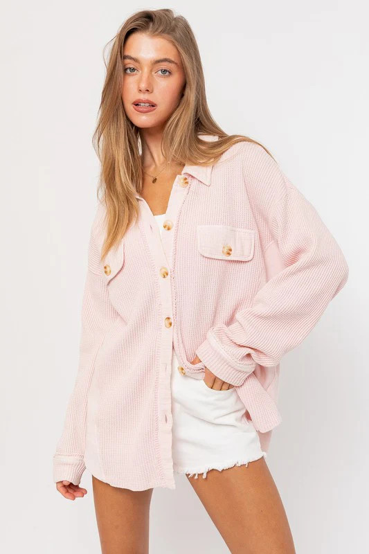 Brooke Pink Waffle Knit Shacket M | Boho Pink