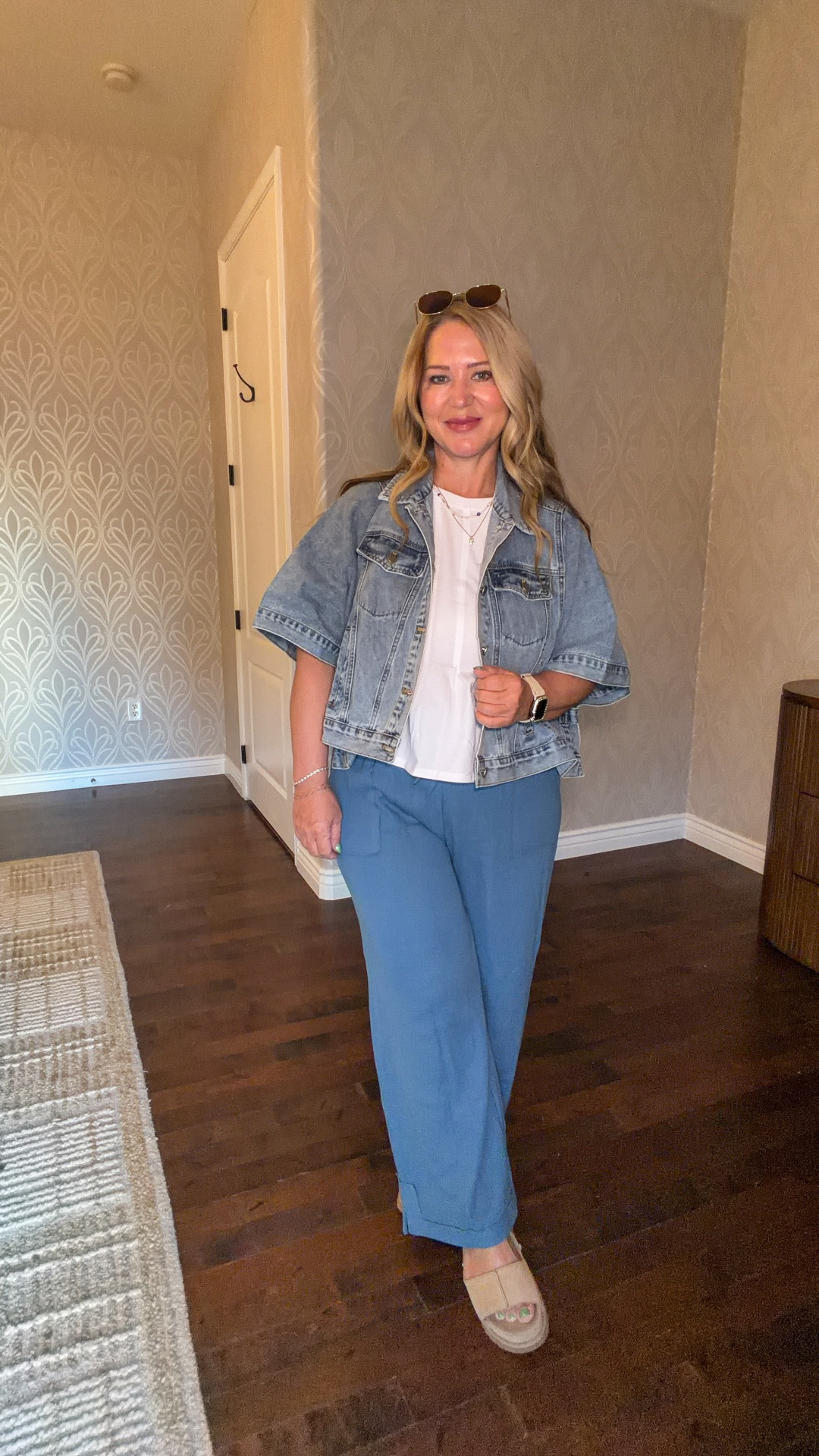 Jacket size small
Top size medium
Pants size large 
Sandals tts 

#LTKMidsize #LTKOver40 #LTKPetite