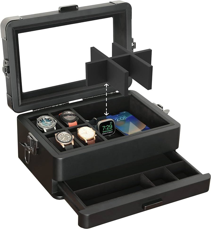 Black Edition Military 10 Slot Watch Box Case Organizer for Men, Real Glass Top, Modular Valet Tr... | Amazon (US)