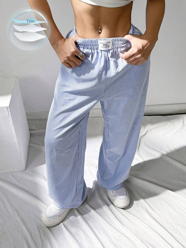 SHEIN EZwear Pantalones rectos de pierna ancha de mujer con detalles casuales de rayas y cuadros | SHEIN
