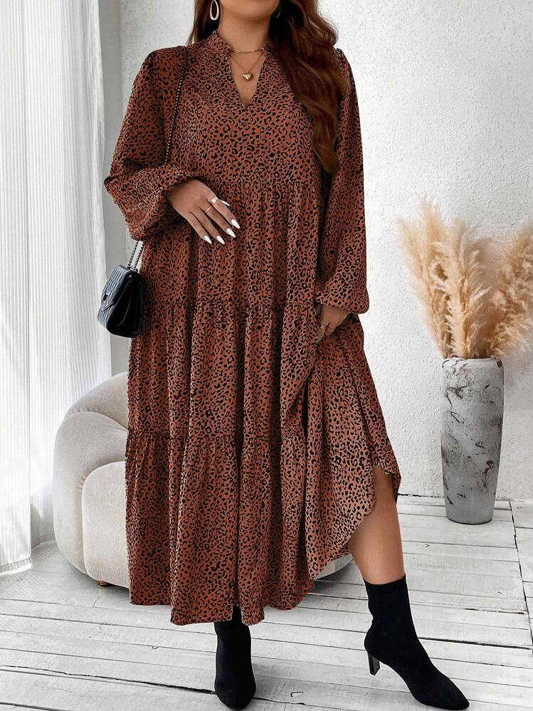 Vionelle Plus All Over Print Lantern Sleeve Ruffle Hem Smock Dress Maxi Women Outfit Fall Cloth For Women | SHEIN