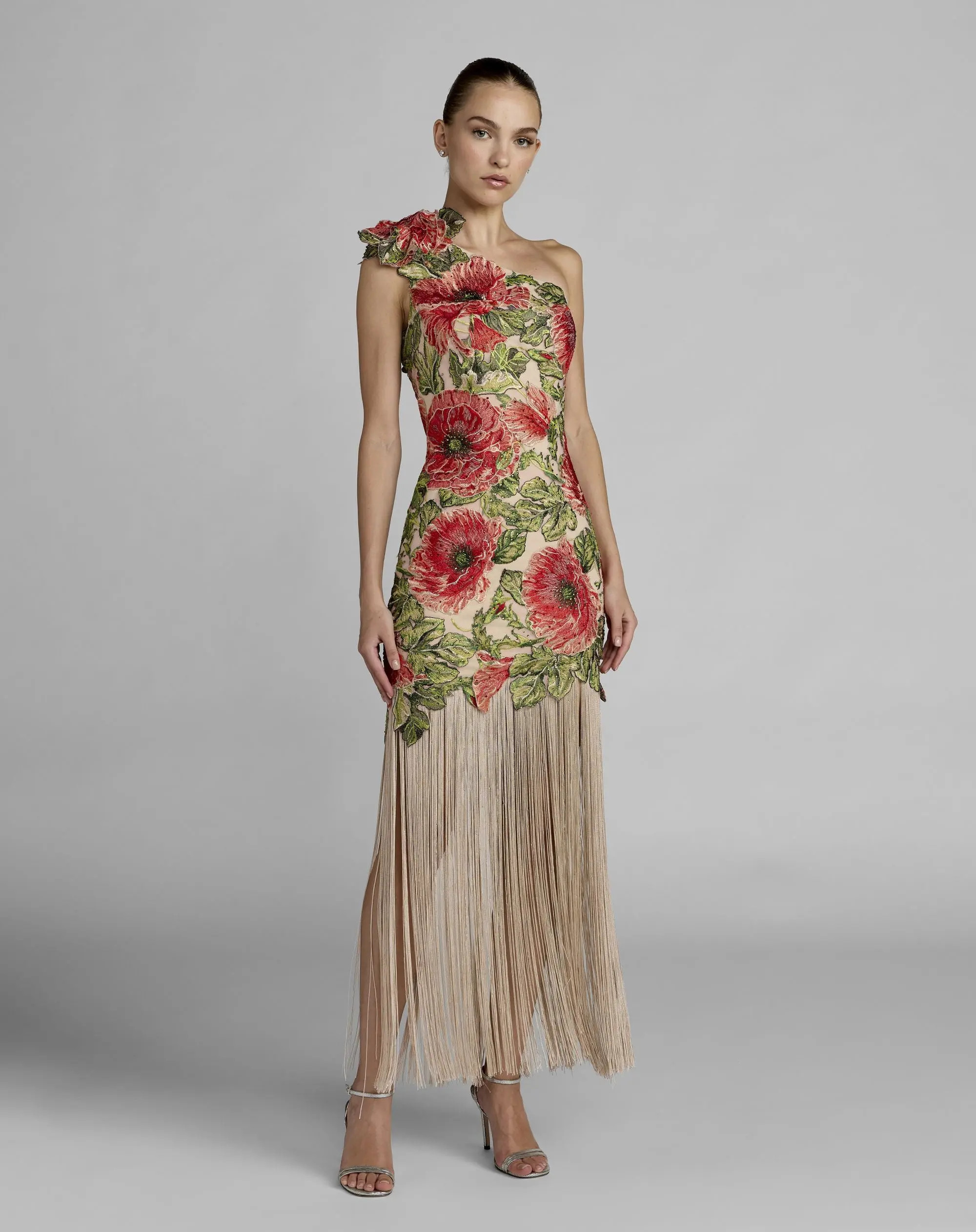 Beige Embroidered One Shoulder Dress With Fringe Hem | Mac Duggal | Mac Duggal