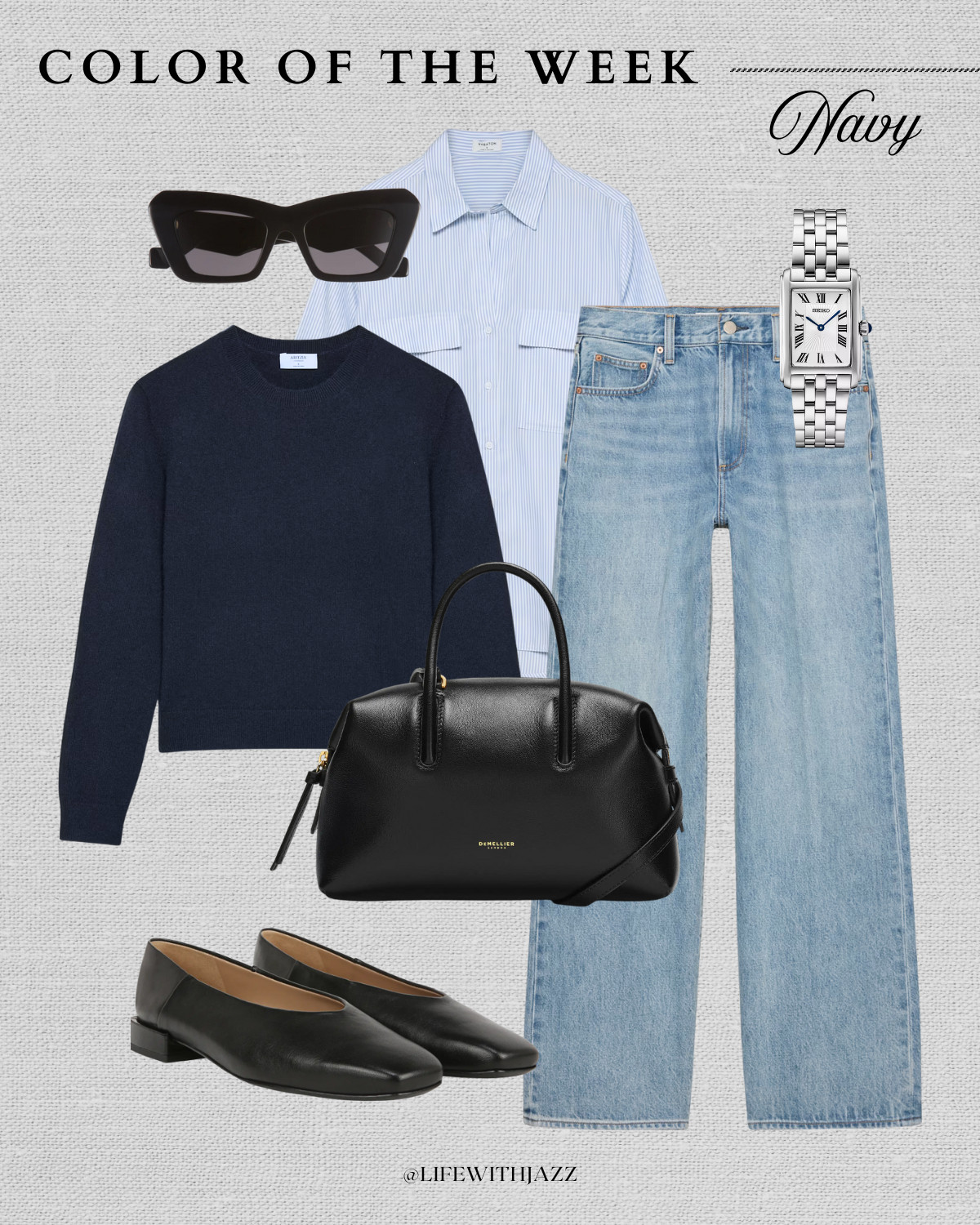 color of the week: navy 

casual winter outfit / navy cashmere sweater crewneck / button down shirt / aritzia farrah wide leg jeans / sam edelman kasey ballerina flats / loewe sunglasses / silver watch  

 

#LTKootd #LTKSeasonal