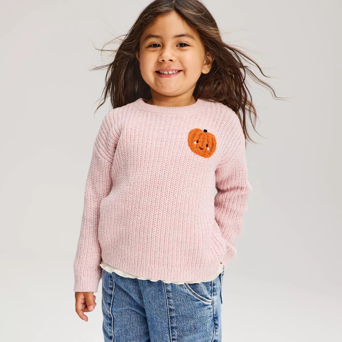 Toddler Girls' Fall Pumpkin Long Sleeve Crewneck Sweater - Cat & Jack™ Pink 5T | Target