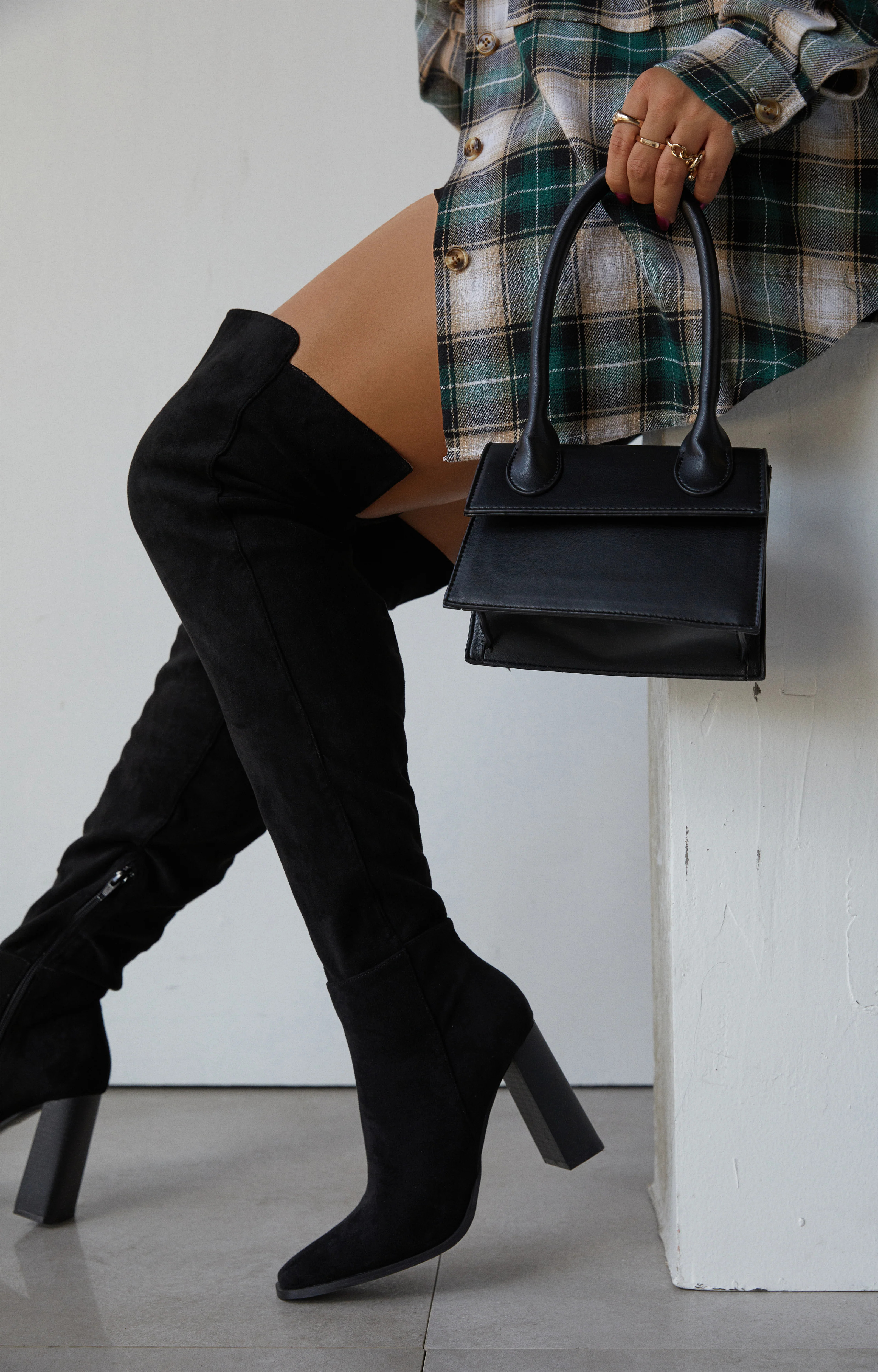 Miss Lola | Black Suede Over The Knee Block Heel Boots | MISS LOLA