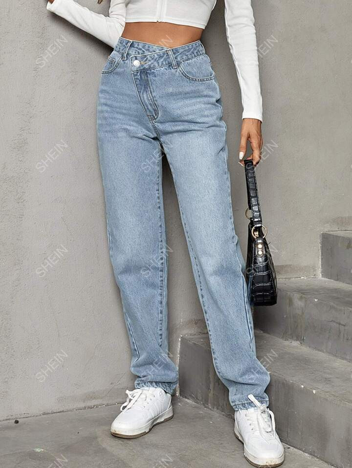 SHEIN Frenchy Stepped Waist Straight Leg Jeans | SHEIN