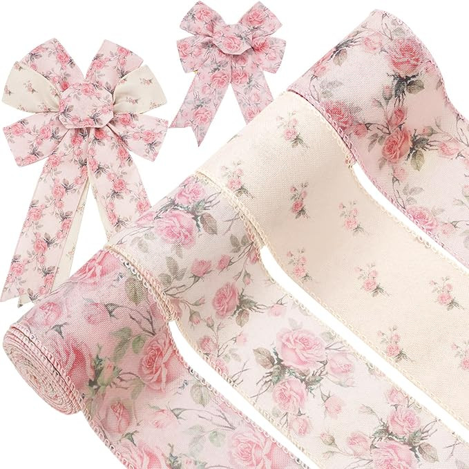 AnyDesign 4 Rolls Pink Floral Wired Ribbon 2.5 Inch Vintage Rose Flower Ribbon for Bow Wreath Cra... | Amazon (US)