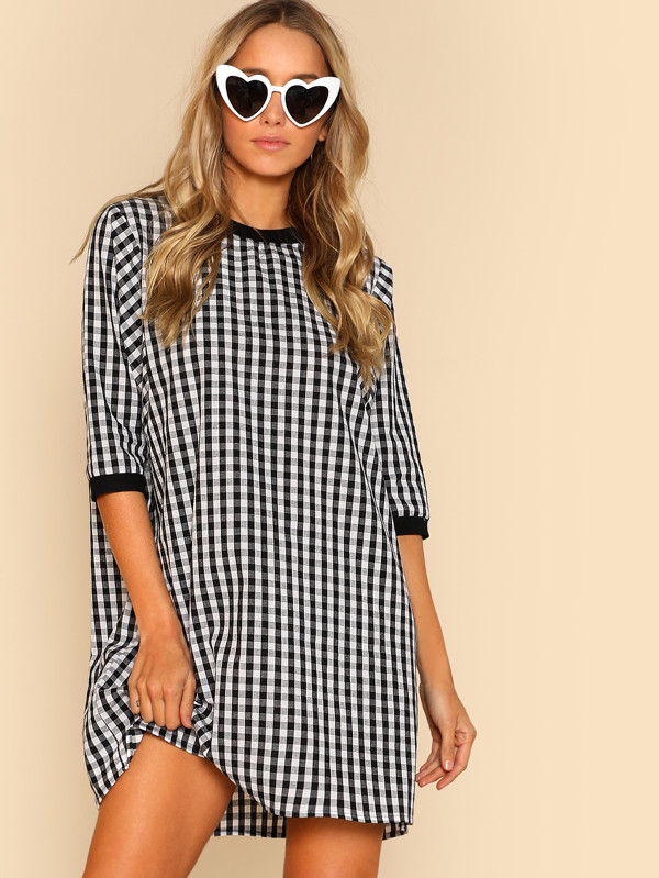 Ribbed Trim Gingham Dress | SHEIN
