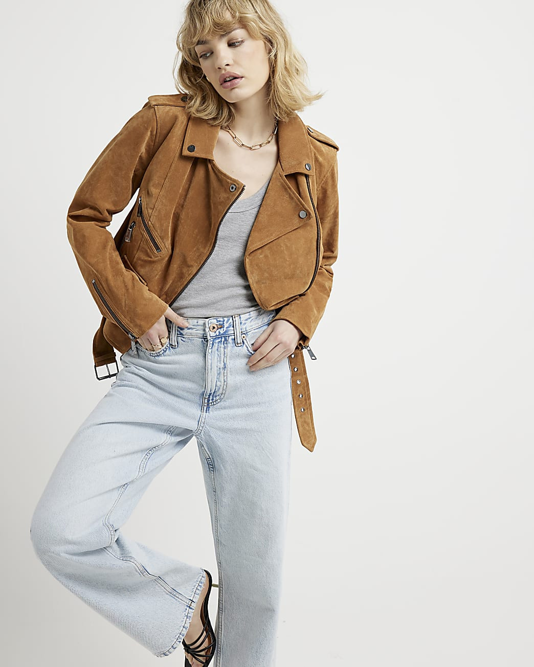 Brown suede belted biker jacket | River Island (UK & IE)