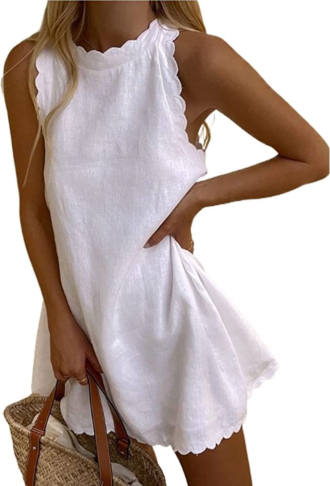 Women Sleeveless Tank Dress Halter Scallop 2023 Summer Dresses Back Zipper Linen Casual Beach Sun... | Amazon (US)