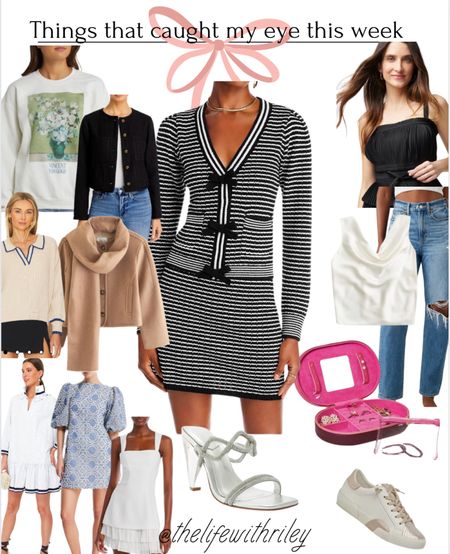 Lots of pretty fun things that caught my eye this week 

🔲 black and white matching sweater set 
💐 Van Gogh print Crewneck 
⚫️ black tweed jacket 
👕 knit polo top 
🧥 wool coat with detachable scarf 
👗 grosgrain trim dress 
🩵 blue puff sleeve mini dress 
⚪️ white pleated mini dress
👡 crystal evening sandal 
👟 metallic sneaker 
💍 jewelry travel case 
👖 ripped jeans 
👚 white draped top 
🖤 black pleated poplin bustier 

Fall transition, fall outfit, jackets, fall jacket, summer sale, end of summer sale, white sneakers, fun sneakers, fashion sneaker, white dress, matching set, fall sweater, bow sweater, going out top, layering top, travel accessories 

#LTKSeasonal #LTKsalealert #LTKstyletip