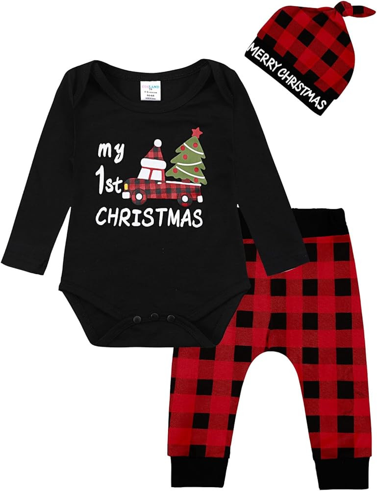 COSLAND Baby Boy Christmas Outfit Black Xmas Tree Car Red Plaid & Hat, Newborn-12 Months | Amazon (US)
