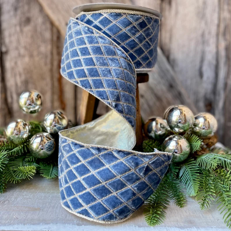 4" BLUE Metallic Diamonds Velvet Ribbon, Farrisilk Ribbon, BLUE Velvet, Christmas Tree Ribbon, Wi... | Etsy (US)