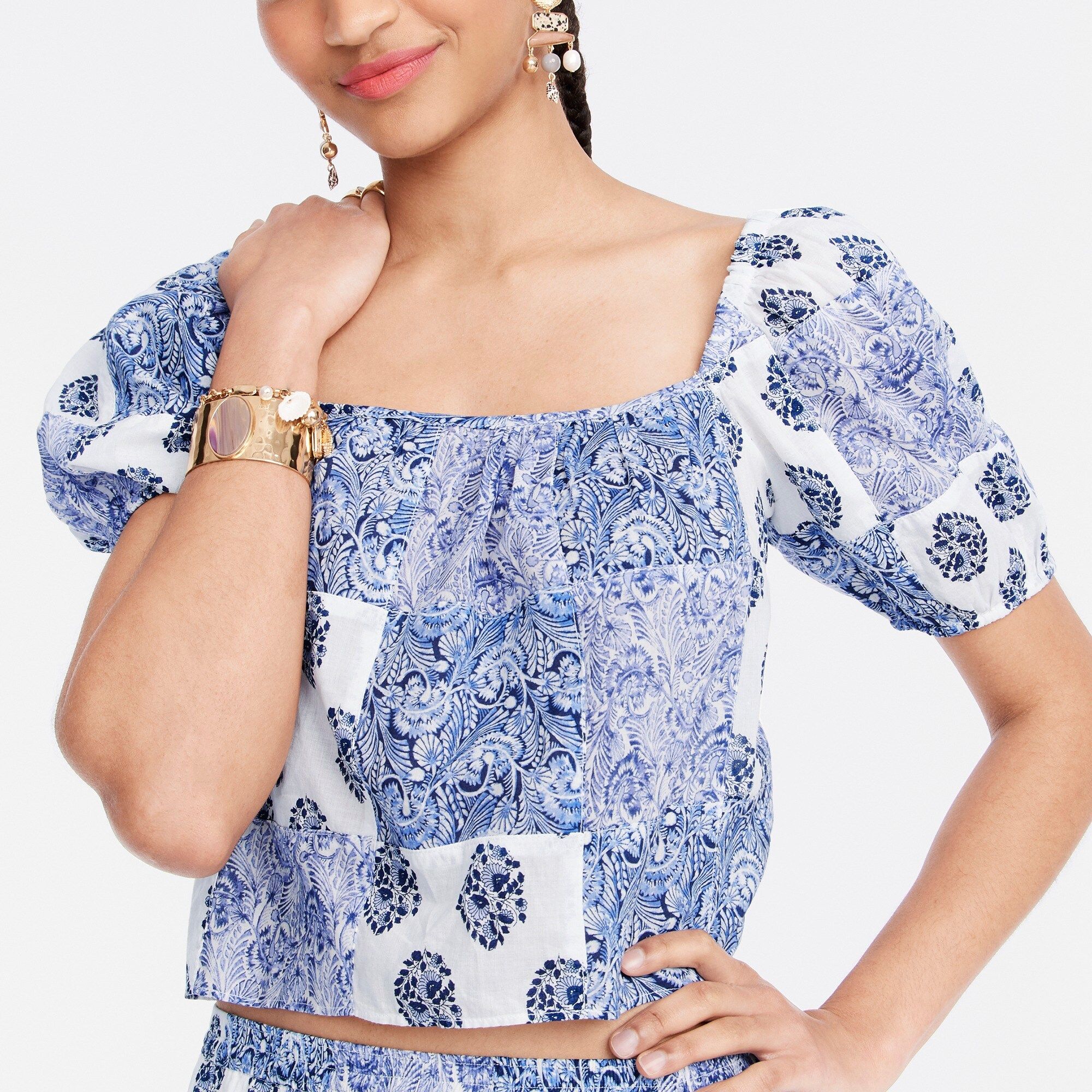 Puff-sleeve cropped top in patchwork print | J.Crew US