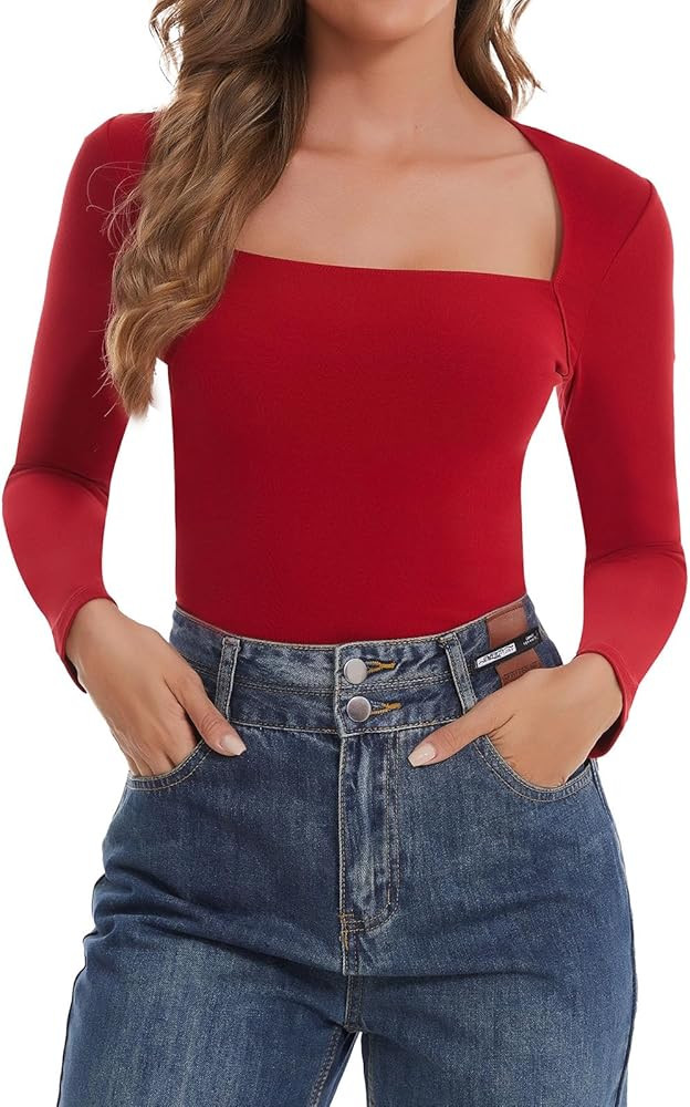 SHAPERIN Women Square Neck Tops Long Sleeve Shirts Casual Slim Fit Fitted Tight Shirt Y2K Going O... | Amazon (US)