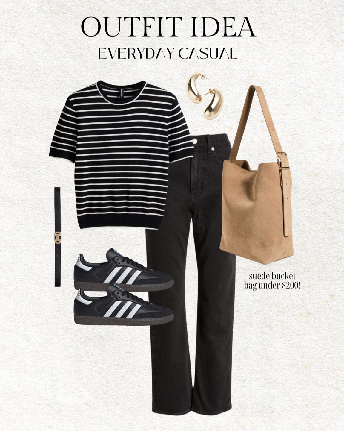 Casual outfit idea 🤍

Striped tee, casual outfit, mom outfit, work outfit, black denim, black jeans, straight leg jeans, black adidas, adidas samba, bucket bag, madewell bag, suede bag, bucket tote, skinny belt, black belt, H&M, Nordstrom, Christine Andrew 

#LTKFindsUnder50 #LTKFindsUnder100 #LTKStyleTip