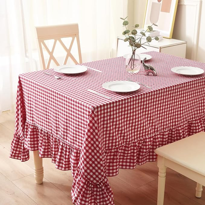 100% Cotton Red Plaid Ruffled Table Cloth for Rectangle Table Seat 4-6, Classic Farmhouse Checker... | Amazon (US)
