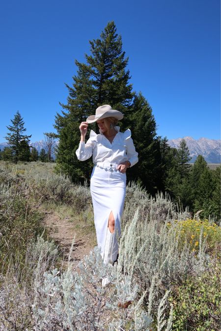 What I wore in jackson hole! Loved this white denim midi skirt paired with this white western button down and turquoise accessories. Wearing a small in the top and bottom! 

#LTKSeasonal