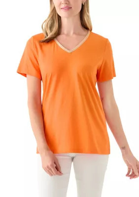 Kim Rogers Women's Petite Short Sleeve V-Neck T-Shirt with Trim, Orange, PXL | Belk