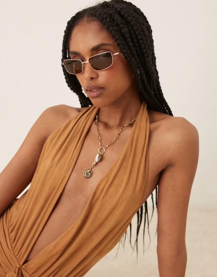 Lu Goldie Yuki rectangle metal frame sunglasses in coffee-Brown | ASOS (Global)