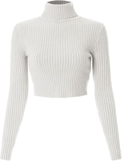 MixMatchy Women's Casual Solid Long Sleeve Ribbed Turtle Neck Cropped Sweater White L | Amazon (US)