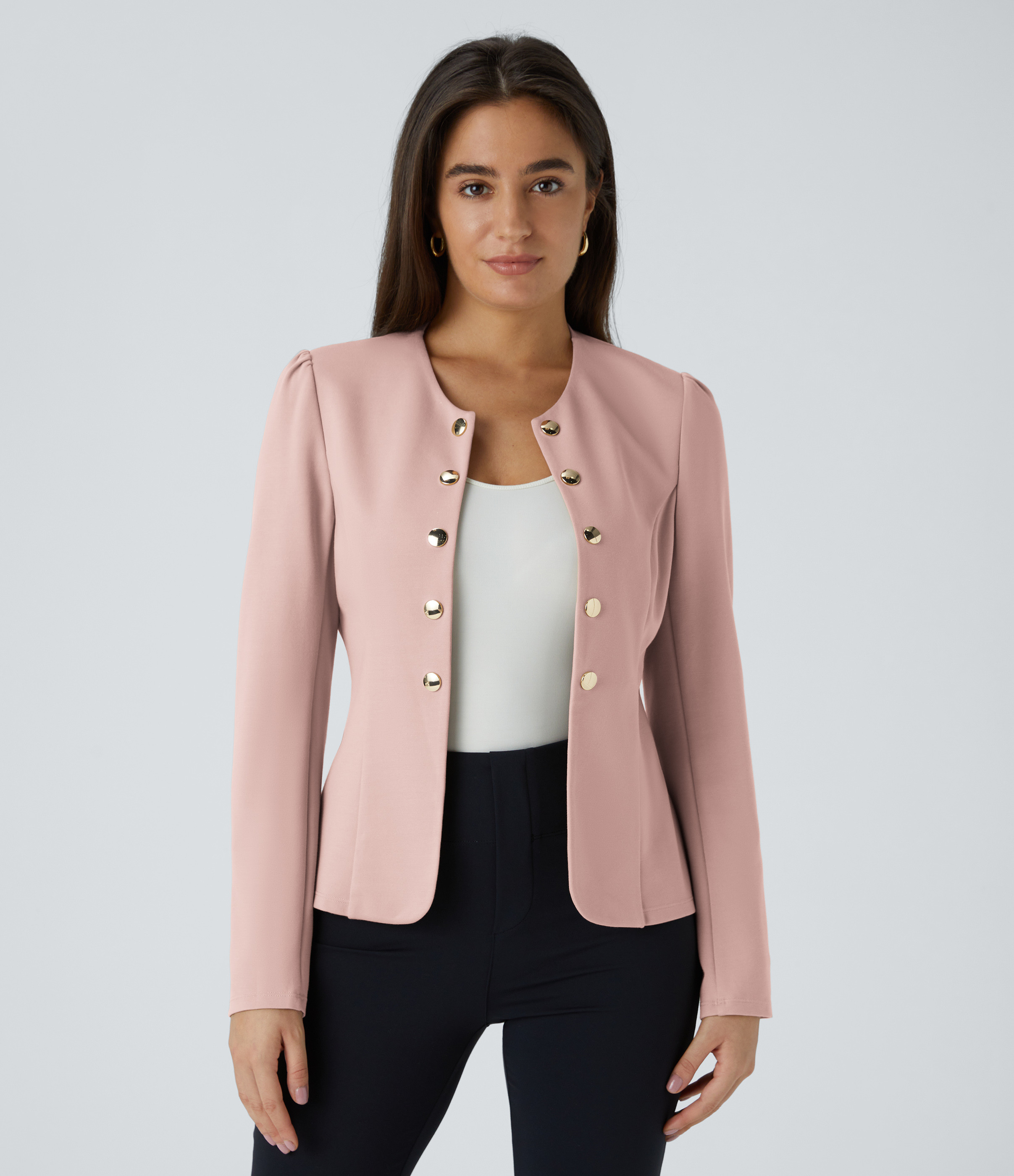 Halara Round Neck Long Sleeve Decorative Slim Work Jacket - Light Elegant Pink - XS | HALARA