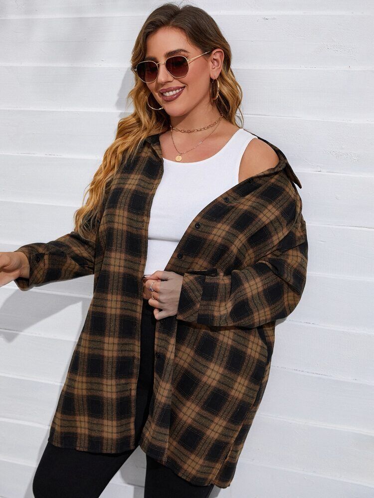 Plus Plaid Drop Shoulder Blouse | SHEIN